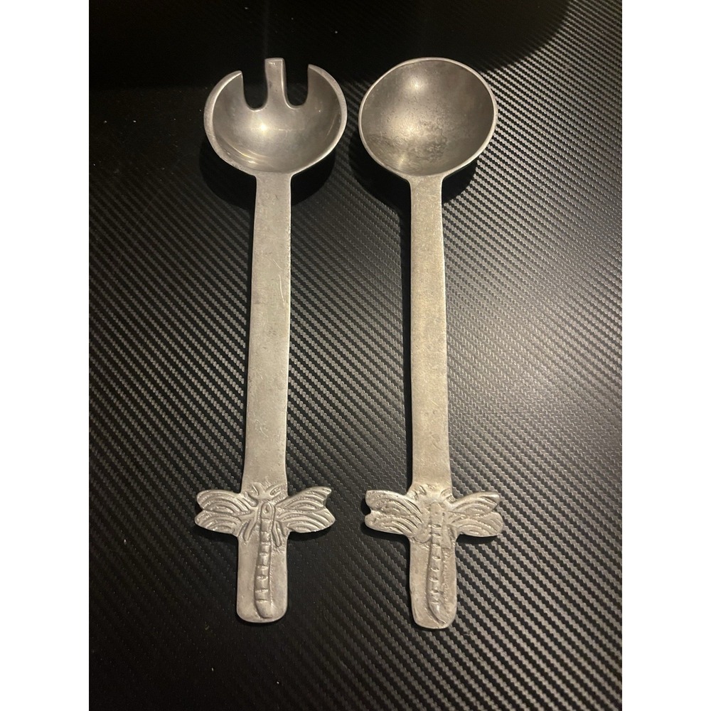 VINTAGE Cast ALUMINUM Figural Metal DRAGON FLY SERVING SPOON FORK SET SALAD SET